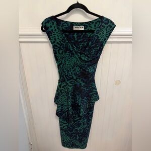 Chiara Boni Green and Navy Animal-Print Peplum Midi Dress